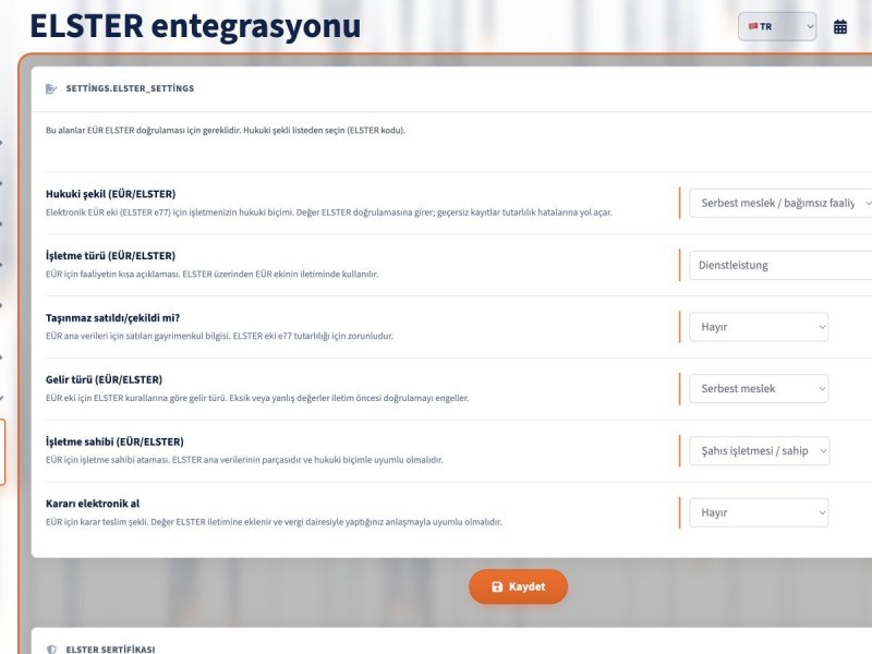 Türkçe Motorica ELSTER entegrasyonu ve EÜR ayarları ekranı