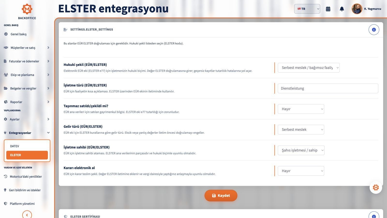 Türkçe Motorica ELSTER entegrasyonu ve EÜR ayarları ekranı